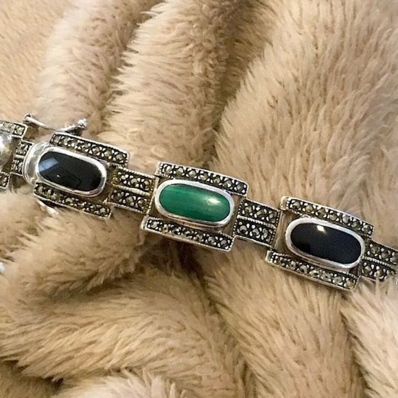 Art Deco Onyx Marcasite Malachite Sterling Silver Bracelet - Picture 3 of 13